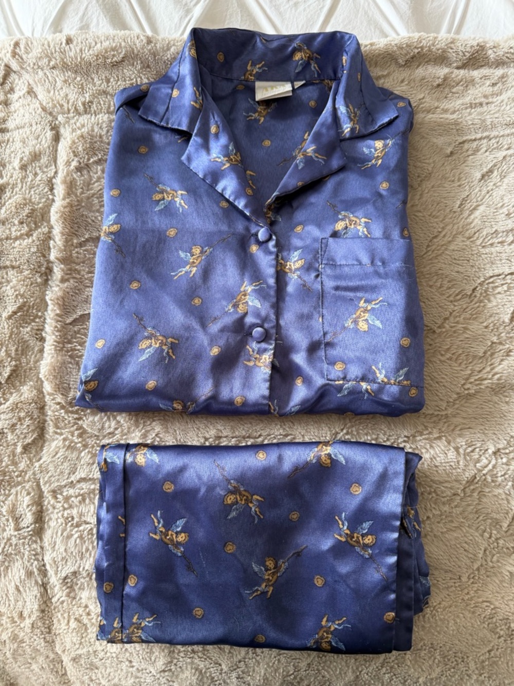 AKA Intimacy Satin Pajama Set Blue Cherub Angel Print Button Front Size M